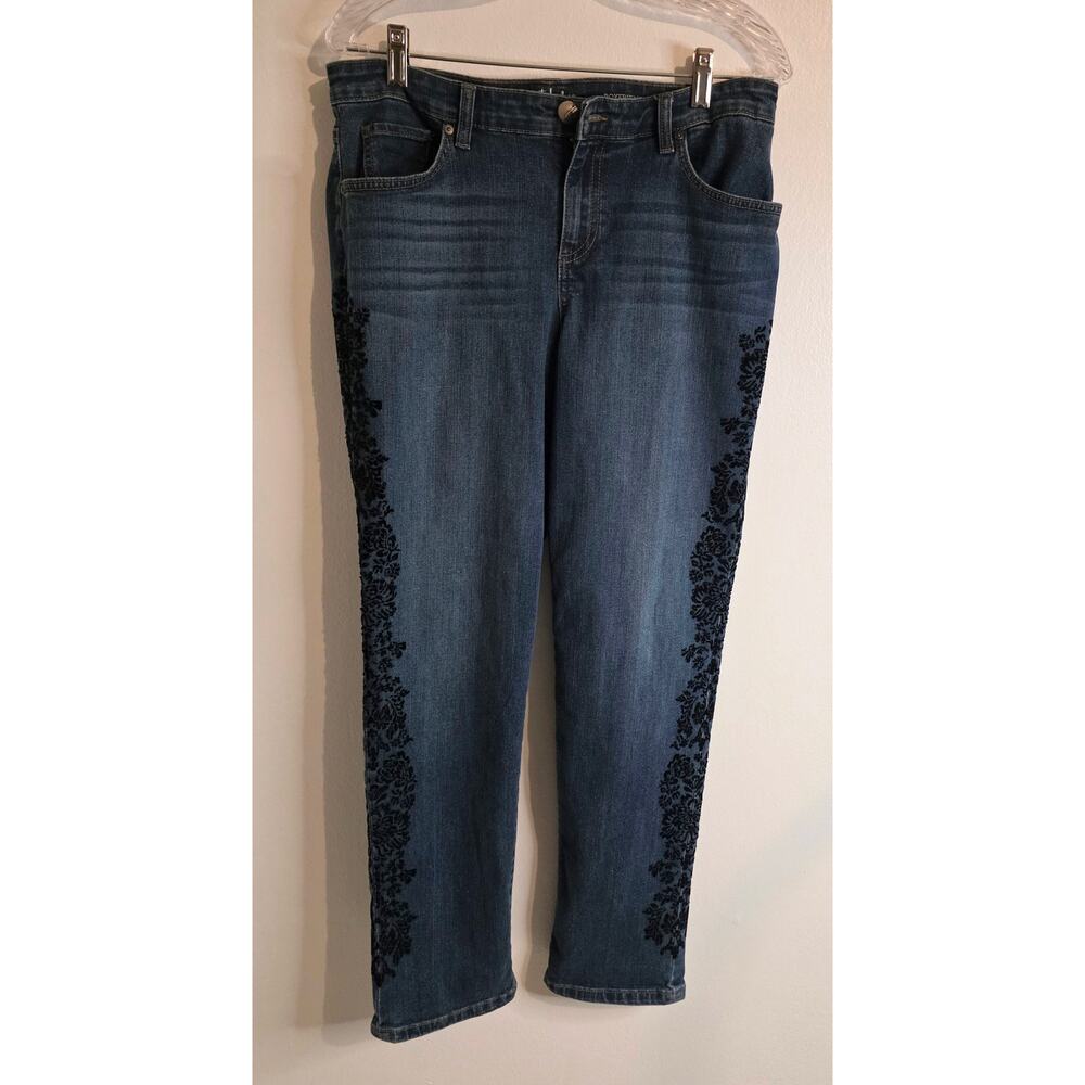 Style & Co Women Boyfriend Jeans Blue with Black Velvet Lace Applique  Size 10